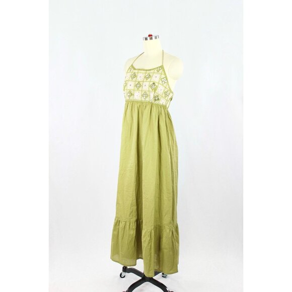NWT ZARA Olive Green Beaded Cotton Crochet Halter Maxi Dress, Size L - Picture 4 of 16